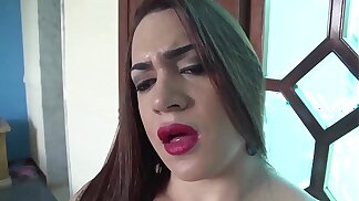 Trans beauty brunette hair pulling her big penis until she reaches an orgasm with a spurt of cum on her body