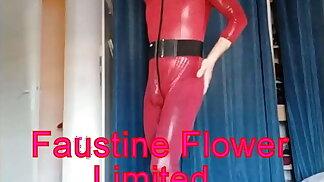 Fetish Sexy Crossdresser Red Latex Vinyl Catsuit