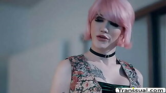 Pink haired TS lets stepbro fuck her ass